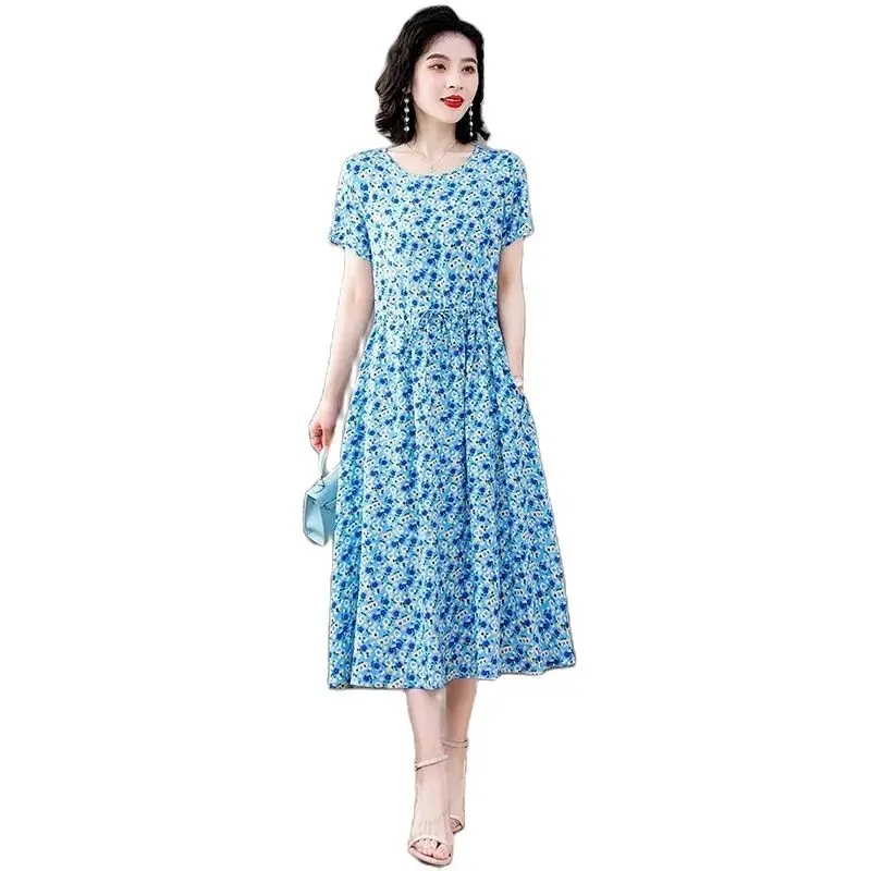

Leisure Dress Summer Womens New Waist Slimming Temperament Middle-aged And Elderly Mothers Over The Knee Floral Large Size Dress