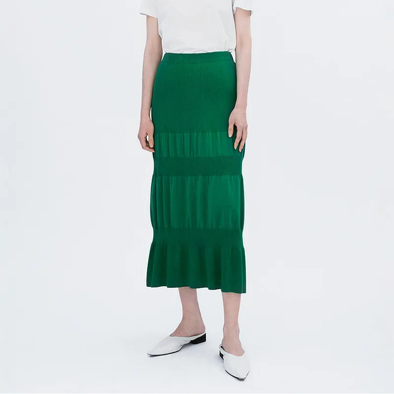 

Green Layered Knitted Midi Skirt Women's New Temperament Commuter Slim Pleated Elastic High Waist Bag Hip Jupe 2023 Summer