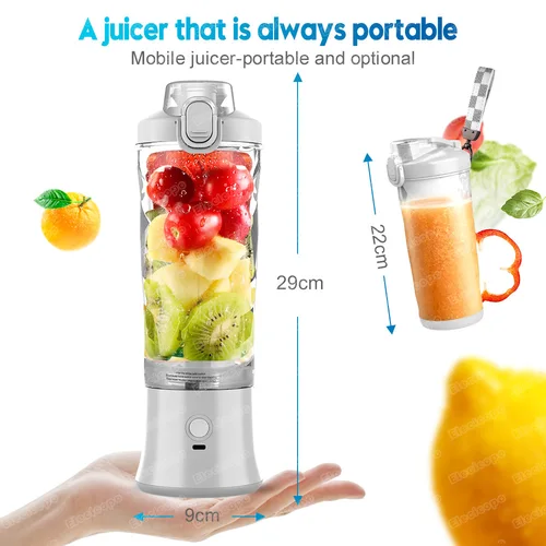 휴대용 블렌더 믹서기, 600ML 전기 과즙 짜기, 과일 미니 블렌더, 쉐이크 및 스무디, 스포츠, 야외 여행용 6 블레이드 2