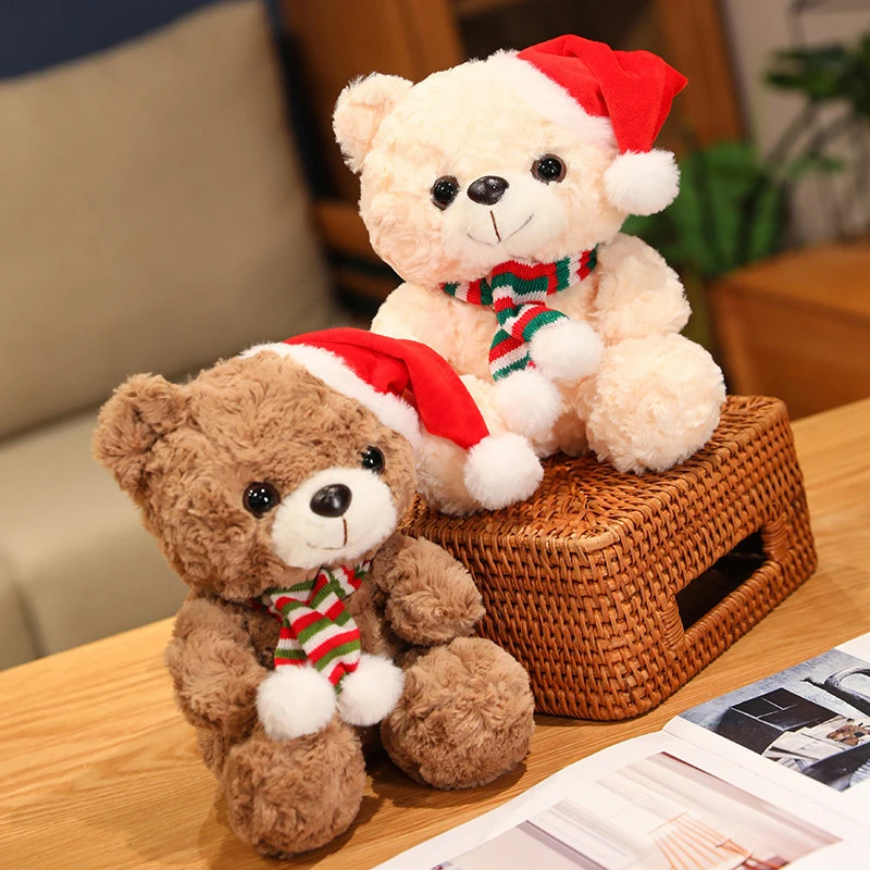 

25cm Kawaii Christmas Teddy Bear Plush Toy Cute Stuffed Animal Bear Scarf With Hat Plush Doll Soft Kids Toys For Christmas Gift