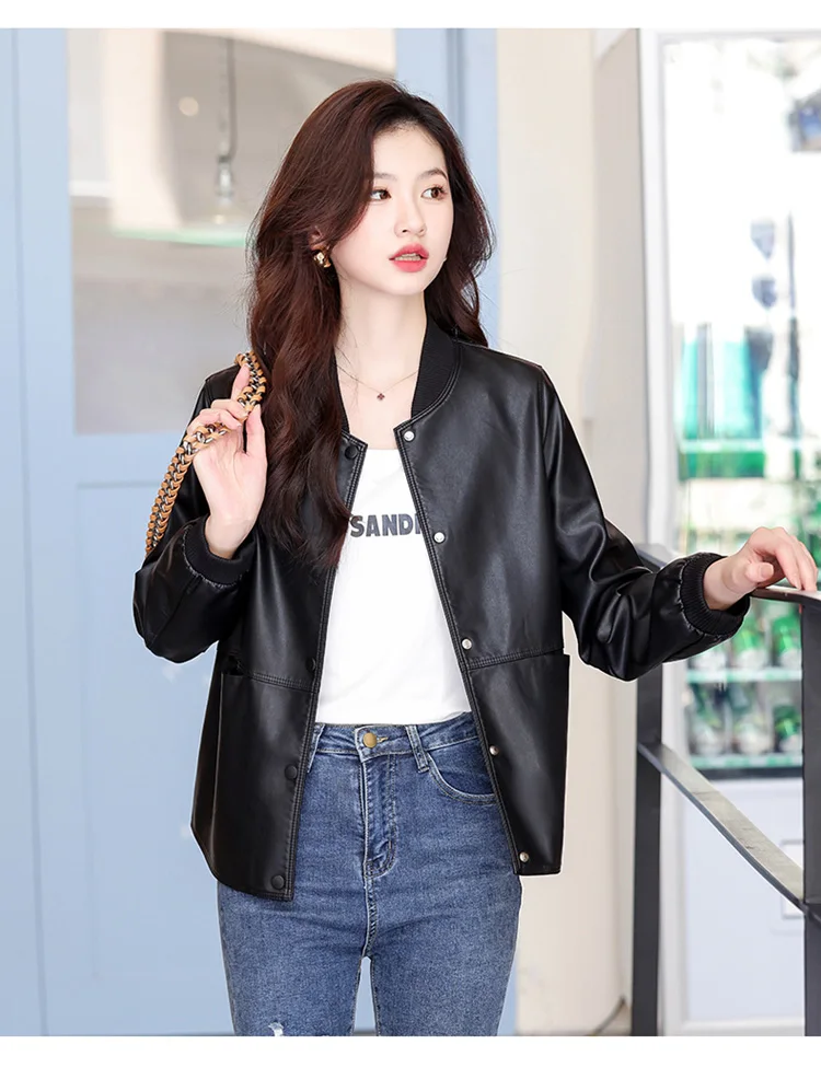New Women Casual Leather Jacket Spring Autumn Fashion Patchwork V-Neck Single Breasted Loose Short Outerwear Split Leather