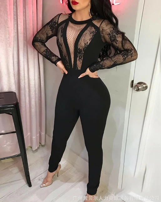Female Clothing Nightclub Party Jumpsuit Women 2023 Autumn New Fashion Casual Black Sexy Deep V Lace Long Sleeve Tight Jumpsuit women s high waisted women s jeans casual party jeans women street sexy women tight stretch pencil pants blue patchwork pants