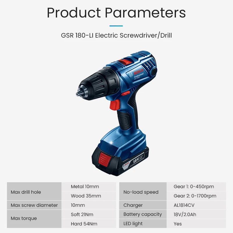 Bosch GSR 180 Li Cordless Drill Electric Screwdriver 18V Lithium Battery Rotating Power Tool with 2 2.0Ah Batteries & 1 Charger