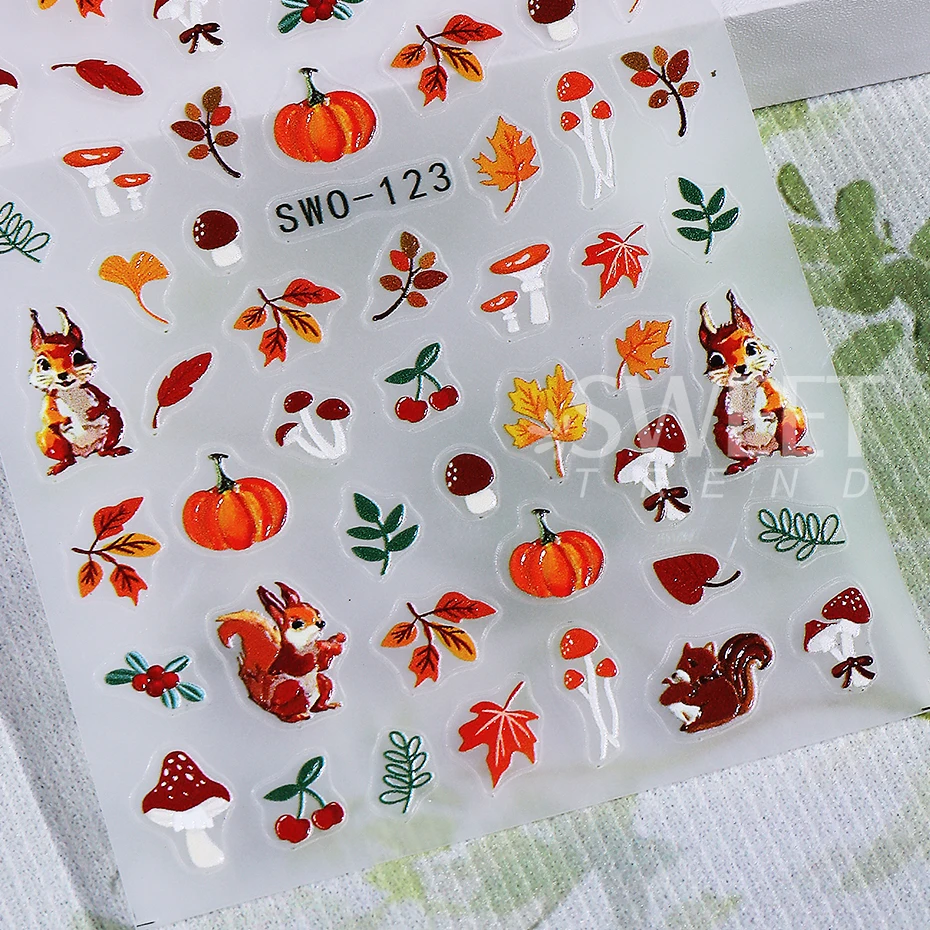 2pcs Cartoon Autumn Pumpkin Nail Stickers 3D Maple Leaf Squirrel Mushroom Adhesive Nail Decals Sliders DIY Manicure Decoration
