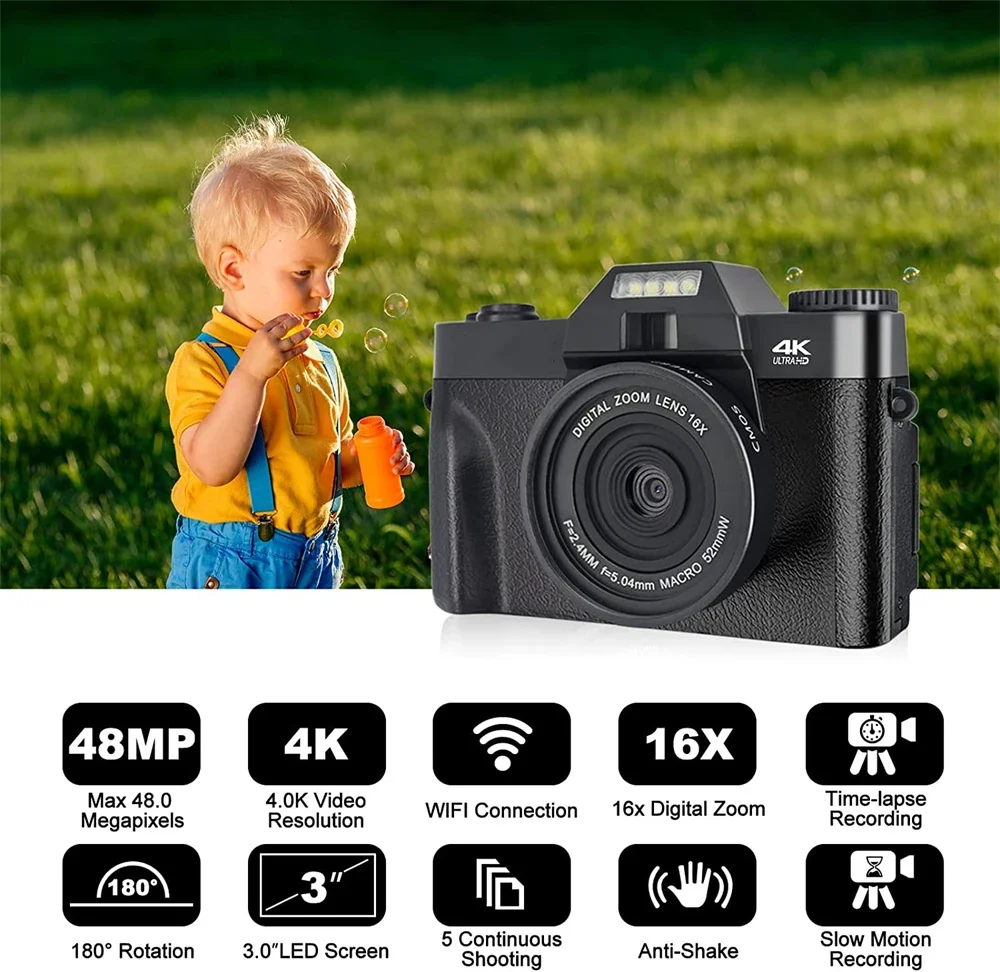 Description Picture 2 of itemCompact Digital Photography Camera 4K WIFI Web Camera Vintage Vlog Video Recorder YouTube 48MP Camcorder 3" Flip Screen