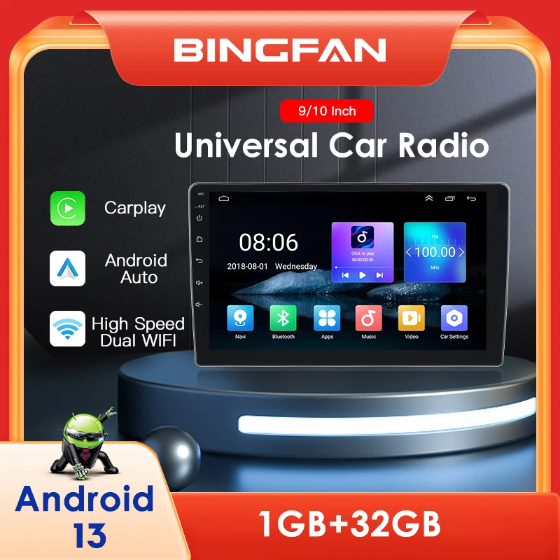 

Автомагнитола BINGFAN Carplay, мультимедийная стерео-система на Android 13, с 9 "экраном, Wi-Fi, с двойной задней камерой