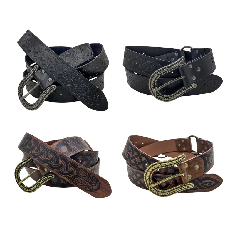 Medieval Vintage Belt for Men Knight Belt Embossed PU Leather O-Ring for Viking Cosplays Costume Accessory