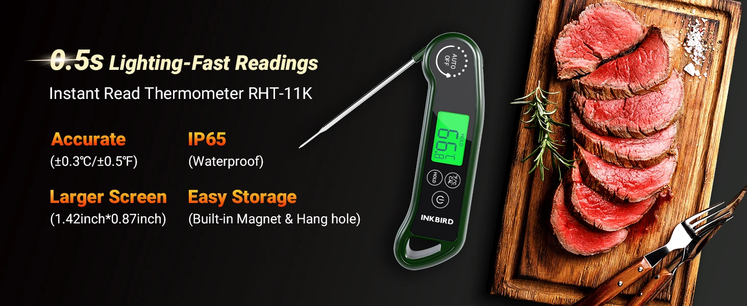 RHT-11K Instant Read Meat Thermometer, 0.5s Fast, ±0.3℃ Accurate, IPX5 Waterproo