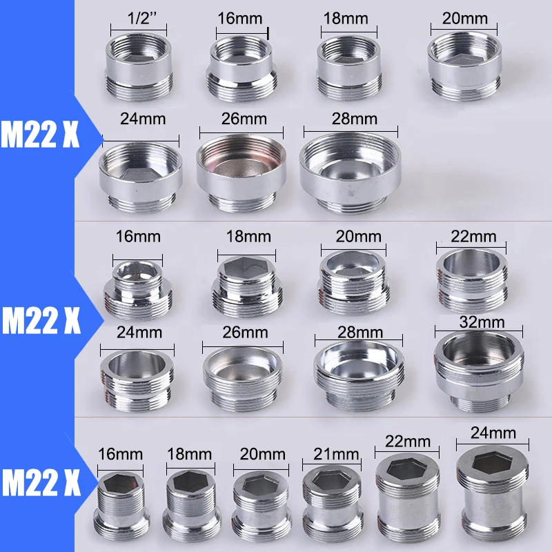 2 Pieces Adapter M22 Change 16 18 20 22 24 26 28 30 32mm Male and Female Faucet Kitchen Bathroom Brass Hose Connector faucet adapter water tap connector faucet switch adapter adapter valve sink accessories