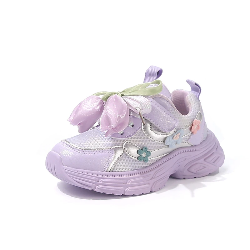 Girls Sneakers Toes Capped Soft Sole Kids Princess Casual Shoes with Sweet Flower 2025 Autumn New Children Sports Shoes Non-slip