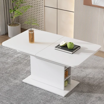 Tavolo da pranzo moderno in legno con spazio di archiviazione, tavolo da pranzo rettangolare esteso, tavolo da caffè per il tempo libero, tavolo da pranzo salvaspazio 1