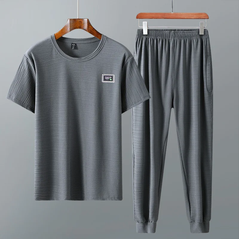 

9XL 10XL Corn grid summer short-sleeved t-shirt trousers tide ice silk quick-drying plus size loose two-piece set 160KG
