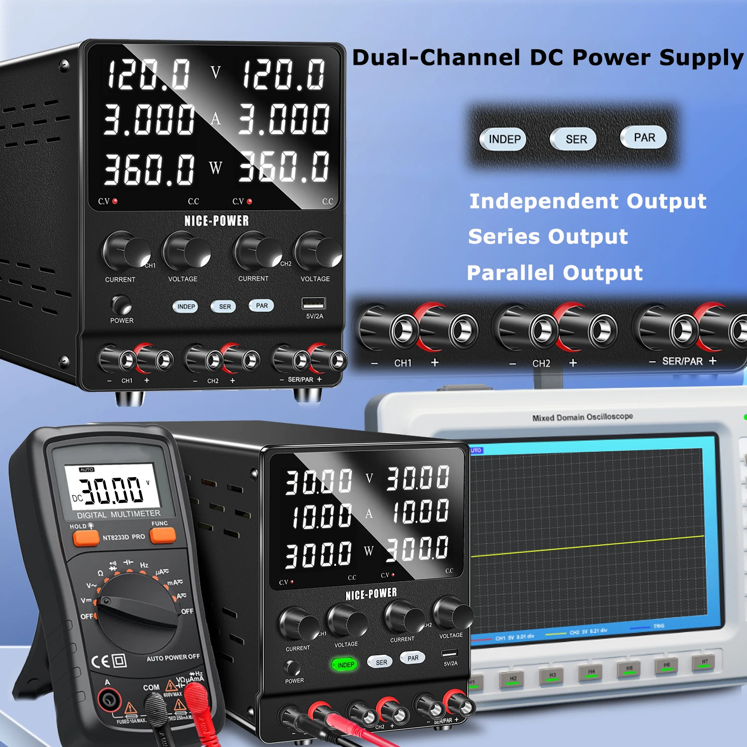 120V 3A Двухканальный источник питания, переключатель постоянного тока, 60V 5A Настольный источник питания, подключенный параллельно для лабораторных испытаний DIY