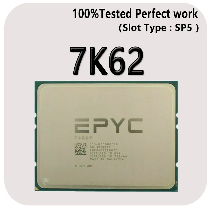 LGA4094 마더보드용 DDR4-2666V 소켓 SP3 프로세서, EPYC 7K62 CPU, 2.2GHZ, 48C, 96T, 192M 캐시, 240W