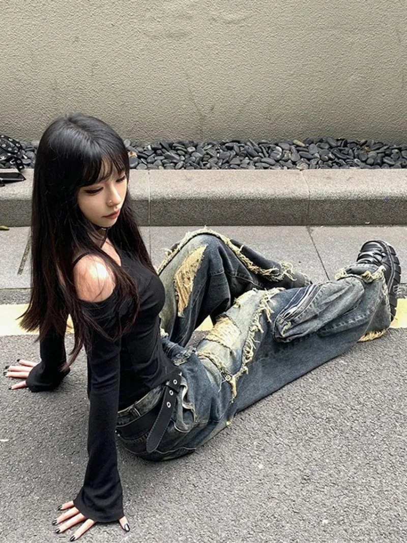 Y2K High Street Ripped Tassel Washed Baggy Jeans Woman Retro Street Hip-hop Loose Old Fashion Casual High Waist Wide Leg Jeans 4