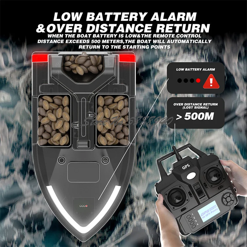 40Point GPS Auto Return Large Remote Control Bait Boat 500M 3 Hopper Fixed Speed Cruise Waterproof High Speed RC Fishing Boat remote control boat
