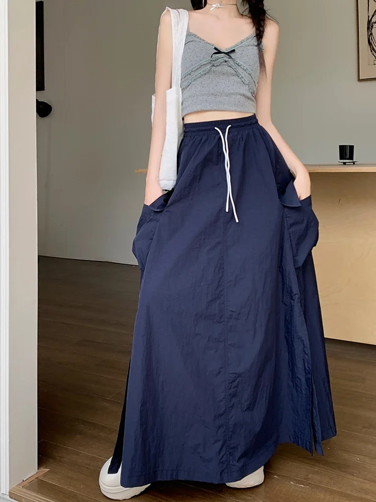 Women's Summer Solid Gray Tooling Skirt High Waist Drape A-shaped Big Pendulum Tether Pleated Pocket Split fork Umbrella Skirts
