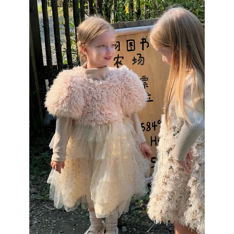 

Princess Dress 2023 Girls Autumn and Winter Tassel Furry Mesh Splicing Dress 1-12 Years Old Baby Thickened Birthday Dress