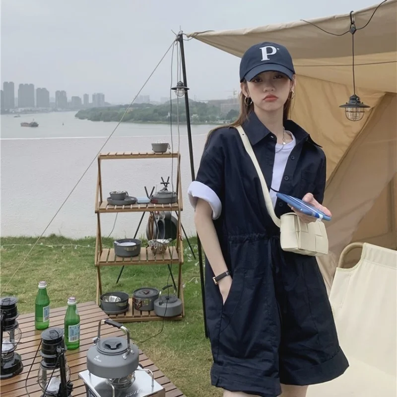 Summer New Fashion Korean Casual Loose Short Sleeve One-piece Shorts Drawstring Lace Workwear One-piece Shorts Women's Clothing