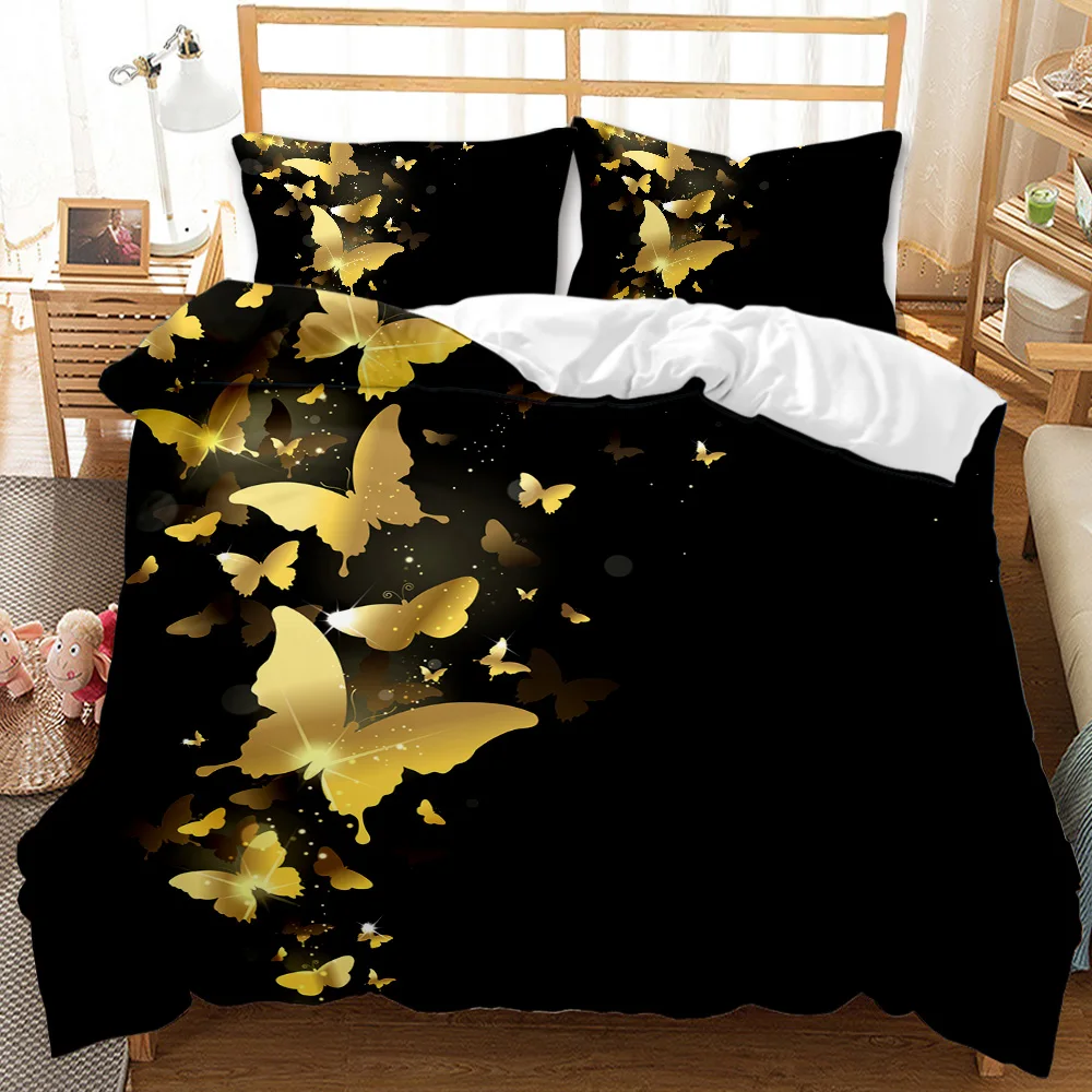 Butterfly King/Queen Size Bedding Sets for Women Golden Butterfly Black Duvet Cover Flower Butterflies Polyester Quilt Cover