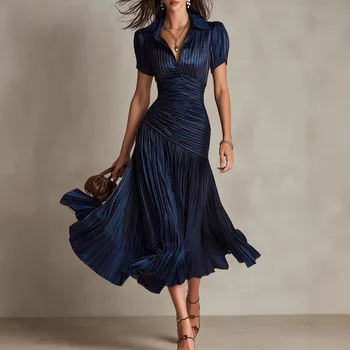 2026 New Summer Women's Striped High-waisted Shirt Dress Waist Slimming Short-sleeved Lapel A-line Skirt 1