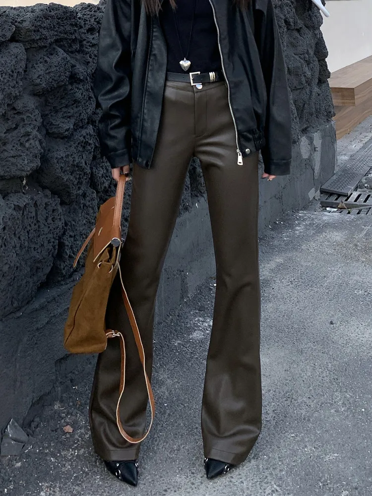 Women's Brown Pu Leather Flared Pants, Streetwear, High Waisted, Vintage, Slim Trousers, Ladies Fashion, Fall Clothes, Y2k,
