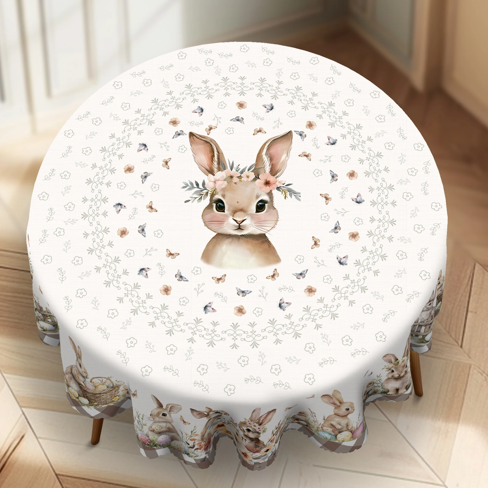 Cute Easter Themed Grey Rabbit Tablecloth - 1pc Spring Floral Print with Embossed Edge, Spring Outdoor Garden 2