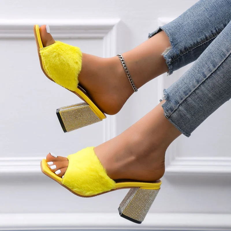 

New Fur Slippers Women High Heels Furry Mopping Fashion Rhinestone Heels Outdoor All-match Shoes Slippers Furry Slippers 43 Size