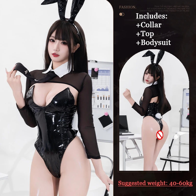 Bunny Girl Sexy Cosplay Lingerie for Women Costumes PU Leather Leotard Bodysuit with Rabbit Ears Roleplay Kawaii Sex Clothes