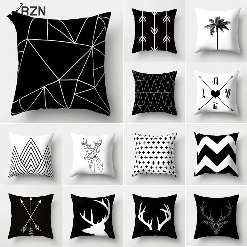 

Geometric Line Striped Cushion Cover Black and White Polyester Throw Pillow Case Dotted Grid Triangular Geometric Art