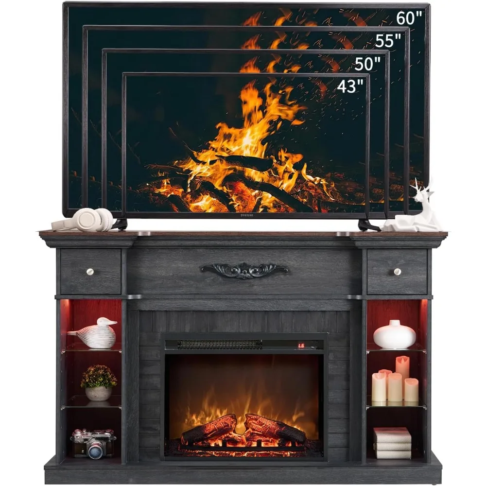 54" Farmhouse Electric Fireplace with Mantel, 33" Tall LED Fireplace TV Stand w/7 Lighting Colors, 23'' Freestanding Electric 5