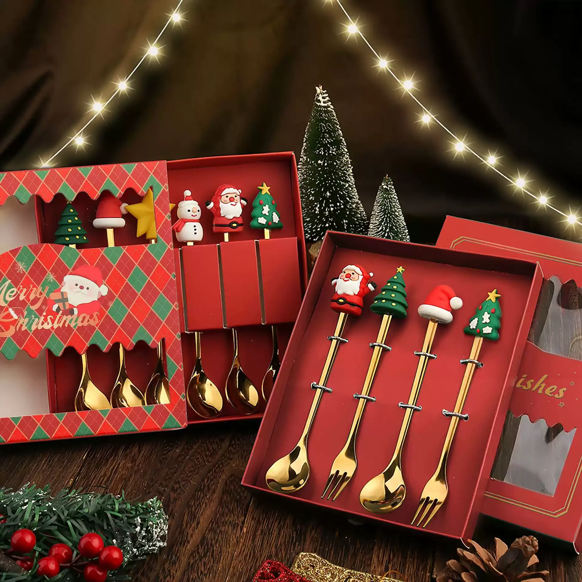 2/4/6Pcs Christmas Fork And Spoon Set Stainless Steel Creative Tableware Coffee Tea Dessert Forks And Spoons Gift Set Cutlery set