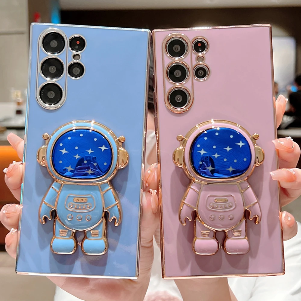 Per Samsung S23 Ultra Custodia per placcatura Custodia per supporto per astronauta carino per Samsung S22 S21 S23 Plus S20 FE A53 5G A52 A23 Soft Funda_voghion.com