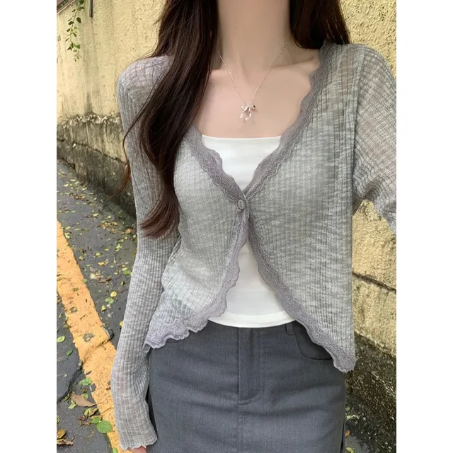 Lace Trim One Button Long Sleeve Crop Top Women Short Sleeve Open Front Ribbed Knit Cardigan Sweater Summer Fairycore Outfit 2