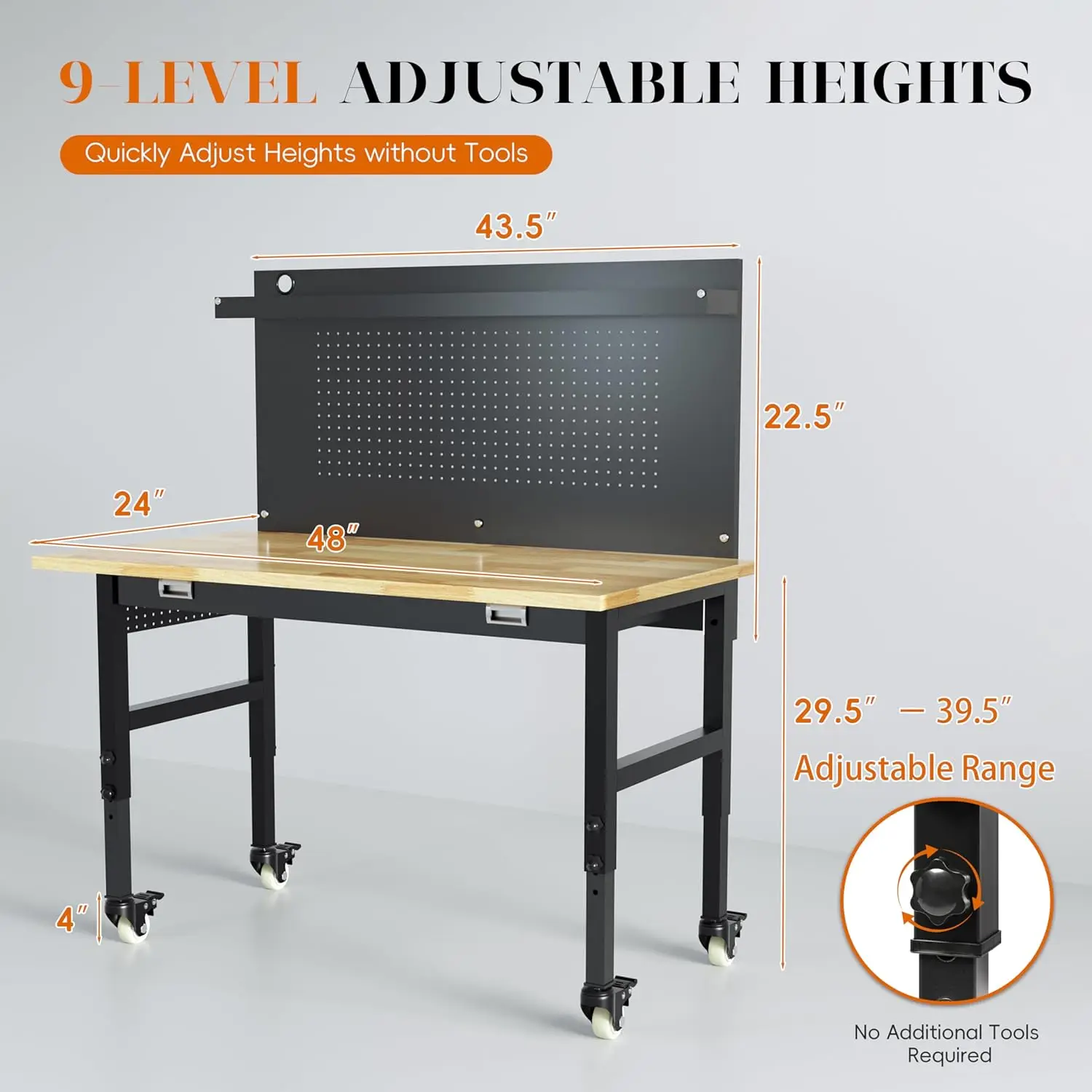 48" Heavy Duty Adjustable Workbench with Large Pegboard Adjustable Work Table with Power Outlets & Lockable Wheels