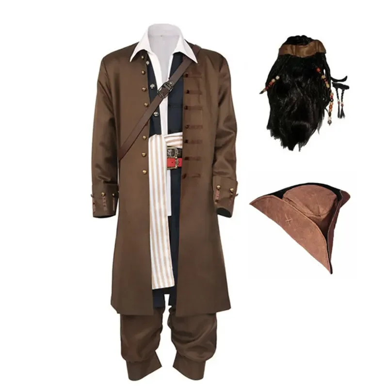 

CosDaddy Kapten Jack Sparrow Kostum Cosplay Jaket Mantel Topi Dewasa Pakaian Wig Halloween Karnaval Kostum