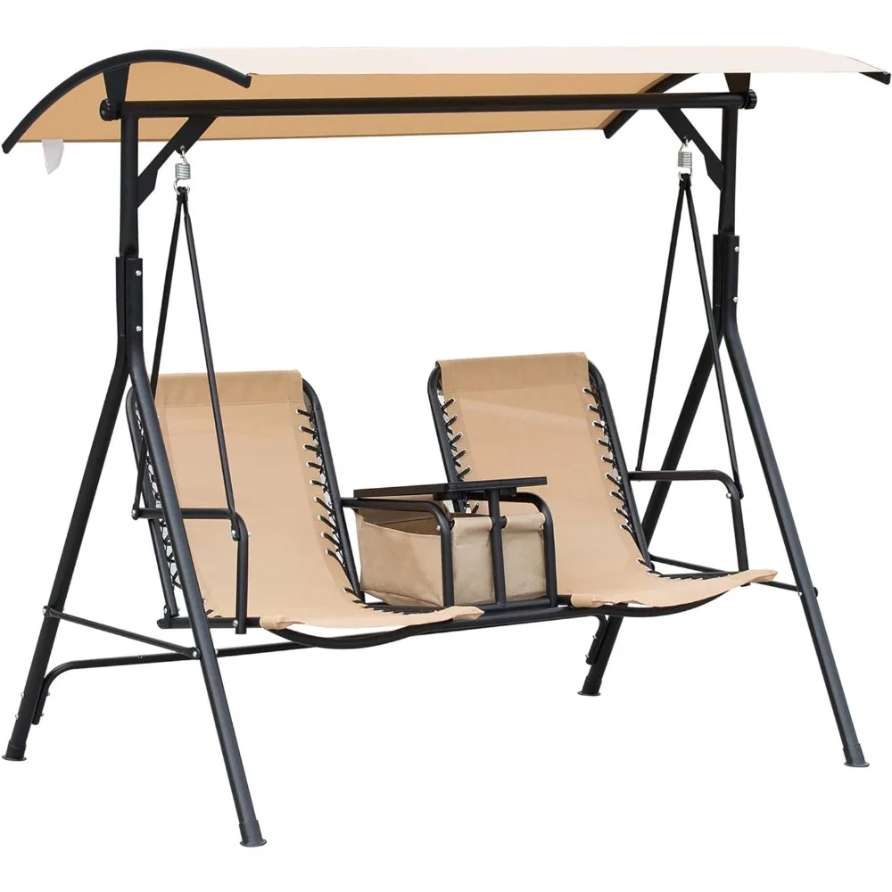 

Outsunny 2-Seat Patio Swing Chair, Outdoor Canopy Swing Glider with Pivot Storage Table, Cup Holder, Adjustable Shade, Bungie