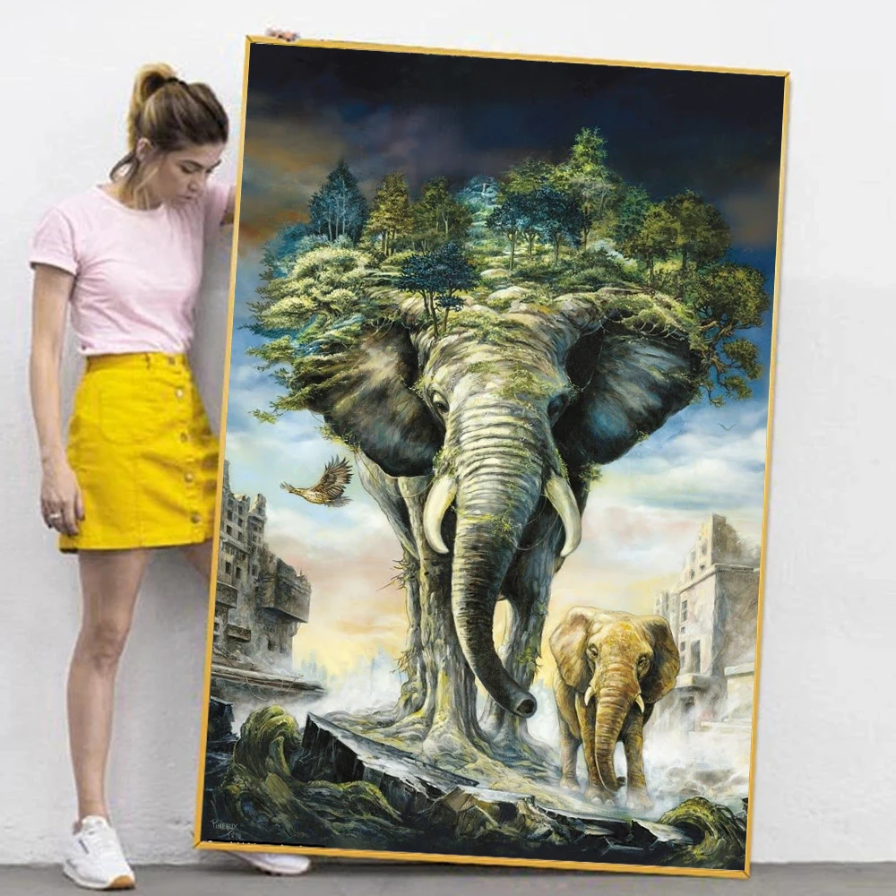 

Surralism Elephant And Cub Canvas Painting Wall Art Abstract African Wild Animal Poster Prints For Living Room Home Decor Cuadro