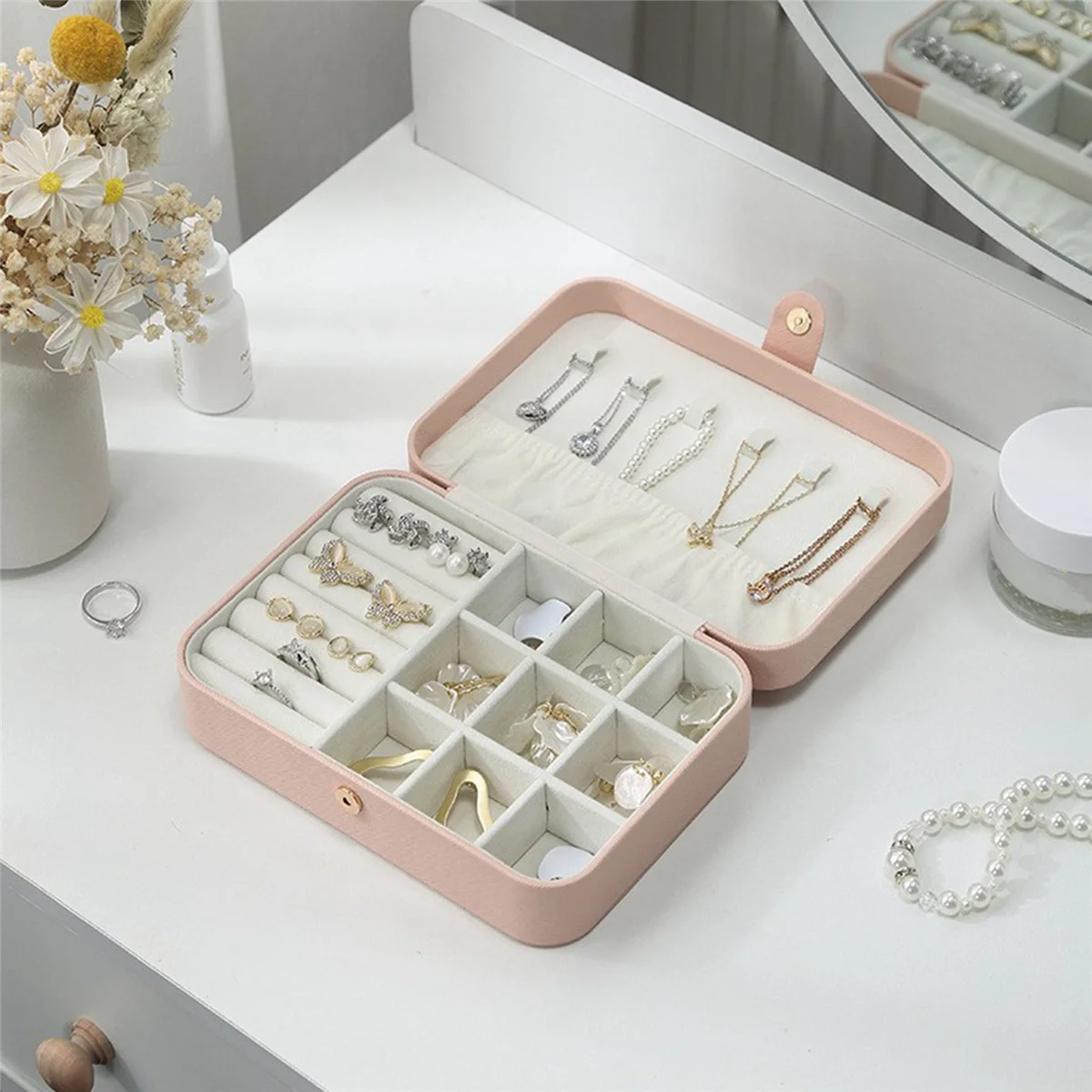 

Travel Jewelry Box PU Leather Small Jewelry Organizer for Women Girls Portable Mini Travel Case Display Storage Holder A