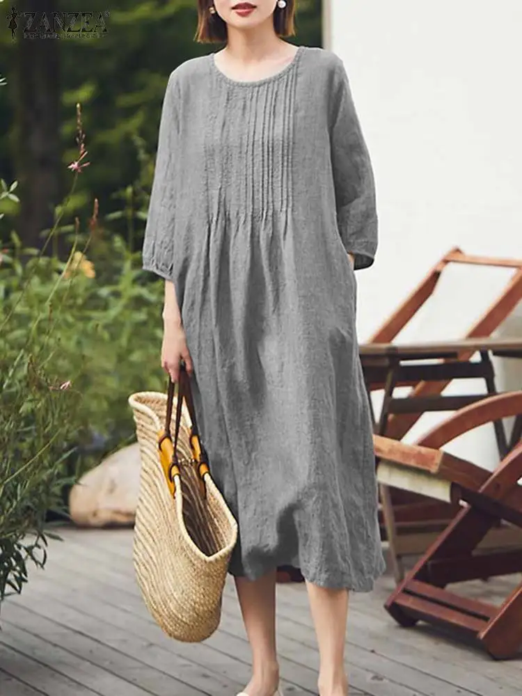 

Fashion Pleated Dresses ZANZEA Women Autumn Sundress Fashion Solid Loose Dress Casual Holiday Robe Elegant Midi Vestidos Kaftan