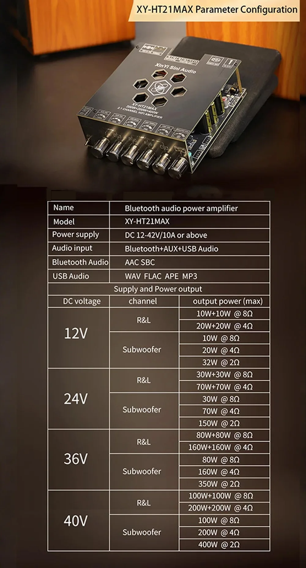 Amplifier 200W*2+400W XY-HT21MAX 2.1 Channel HiFi Bluetooth Digital Audio Power