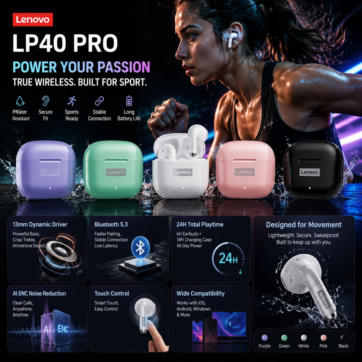 NEW Lenovo LP40 Pro TWS Bluetooth 5.3 Quick Connect Earphones Ergonomic Design Headphones Powerful Transmission Speed Headset