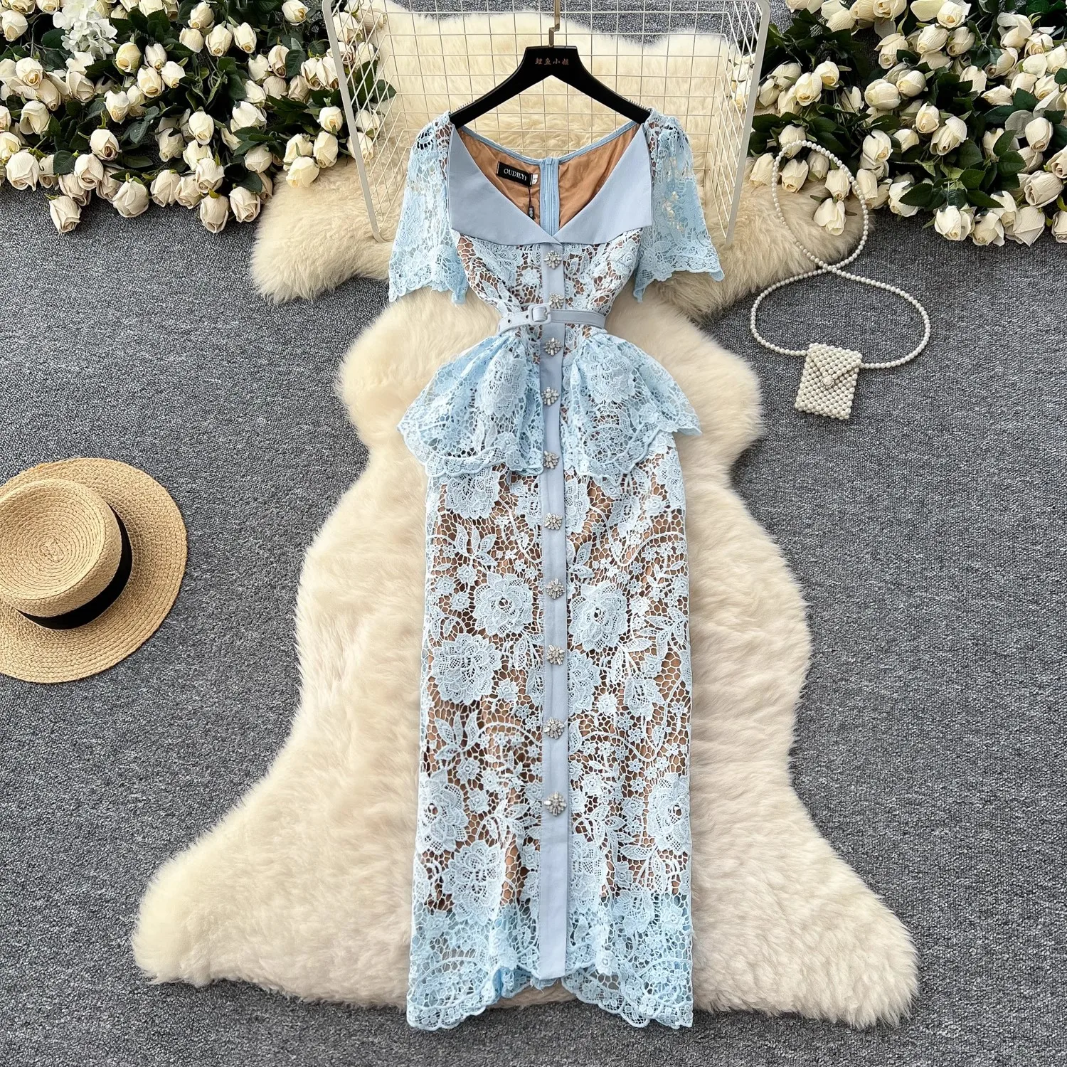 Summer Beaded Diamonds Embroidery Lace Hollow Out Evening Dresses Women Short Sleeve Ruffles Peplum Belt Midi Prom Vestidos
