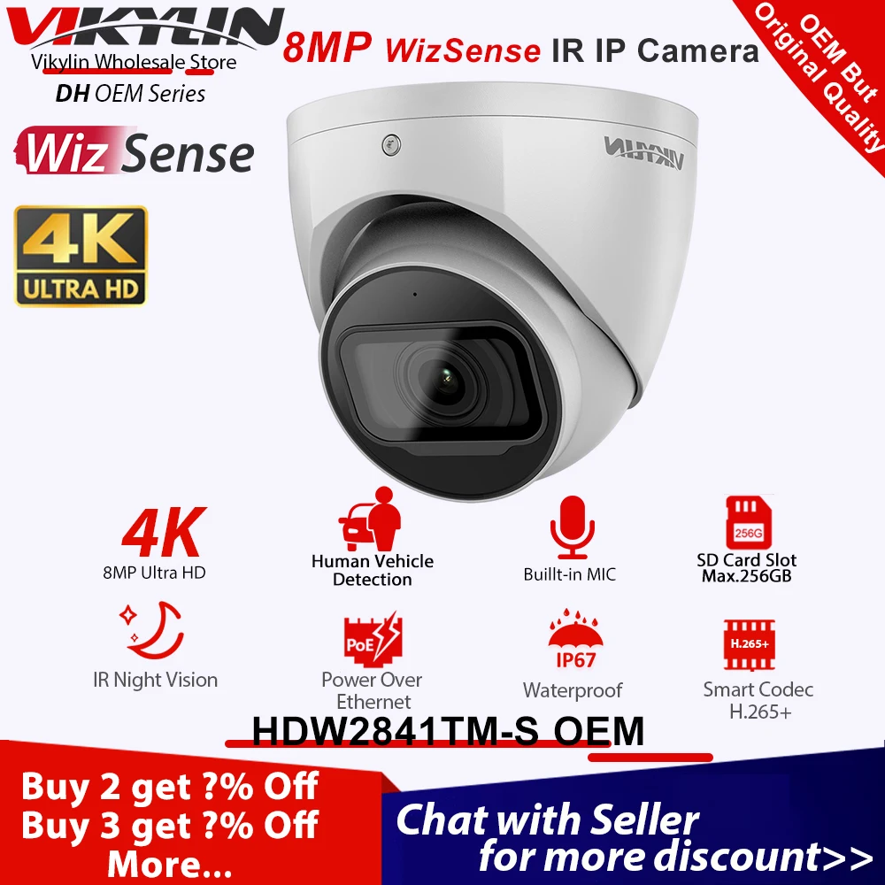 

Vikylin 4K 8MP Security Camera Wizsense For Dahua HDW2841TM-S POE Outdoor Cam with MIC SD Slot Human Vehicle Detection Kамера