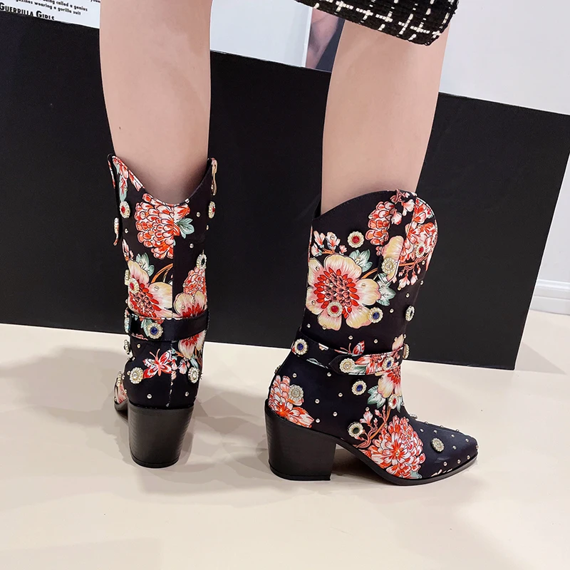 Pointed Rhinestone Rivet Women's Boots Thick Heels Flower Mixed Colors Side Zipper High Heels Short Tube Boots Winter Size 35-42