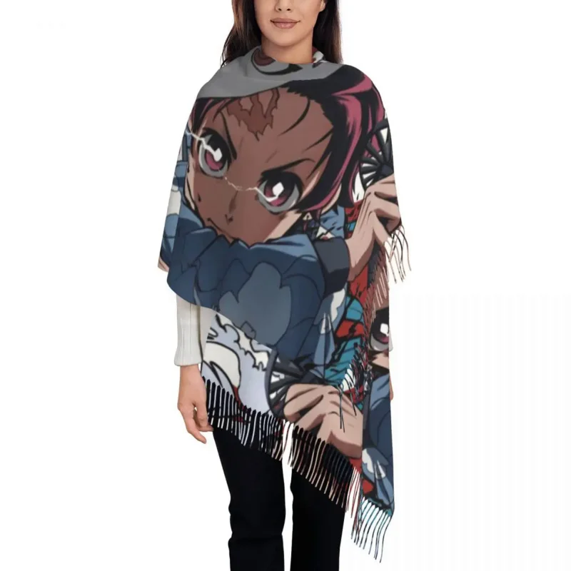 

Fashion Kimetsu No Yaiba Anime Manga Tassel Scarf Women Winter Warm Shawl Wrap Ladies Demon Slayer Comics Manga Scarves