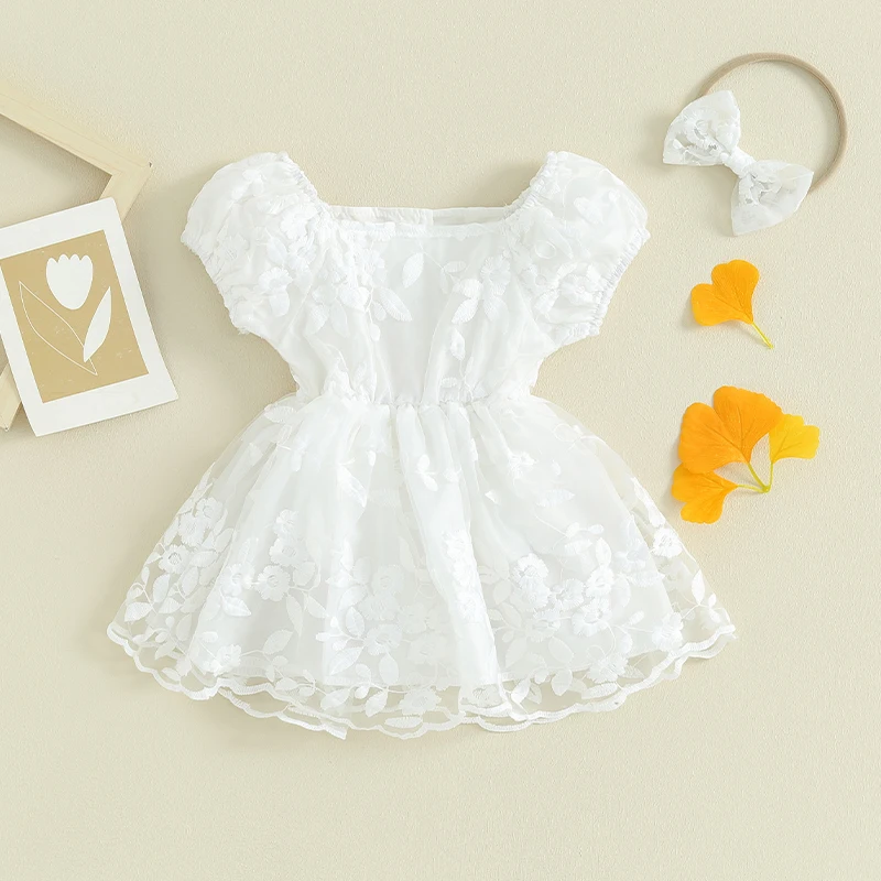 

2023-11-01 Lioraitiin 0-18M Baby Girls Rompers Dress Flower Embroidered Puff Sleeve Layered Tulle Playsuit Hem Jumpsuit+Headband