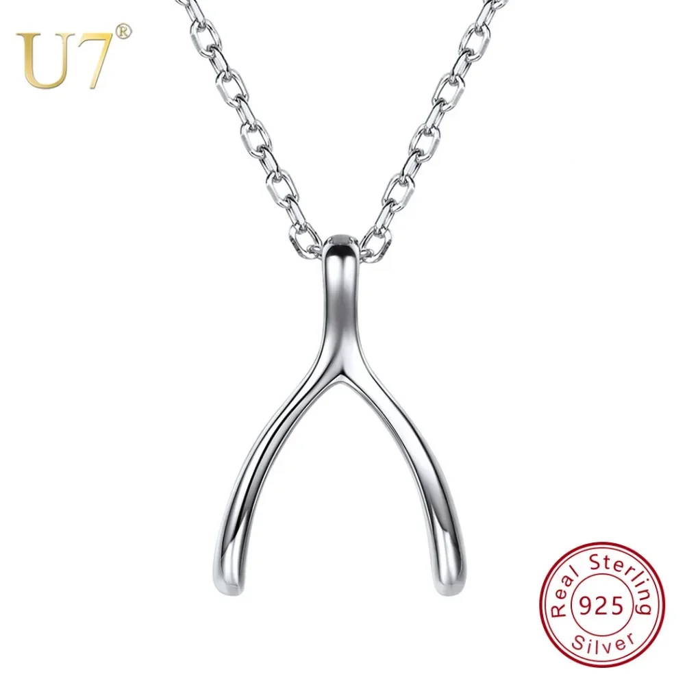 U7 925 Sterling Silver Wishbone Bone Necklace Women Good Luck Pray Wishes Anniversary Mothers Day Jewelry Gift for Her SC44 QC24 pendant necklace silver necklace