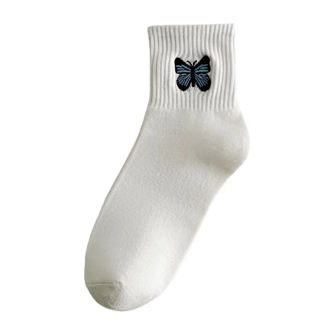 5Pairs/Lot High Quality Cotton Embroidery ButterflyCandy Color Soft Breathable,Absorb Sweat  Anti-bacterialWomen socks