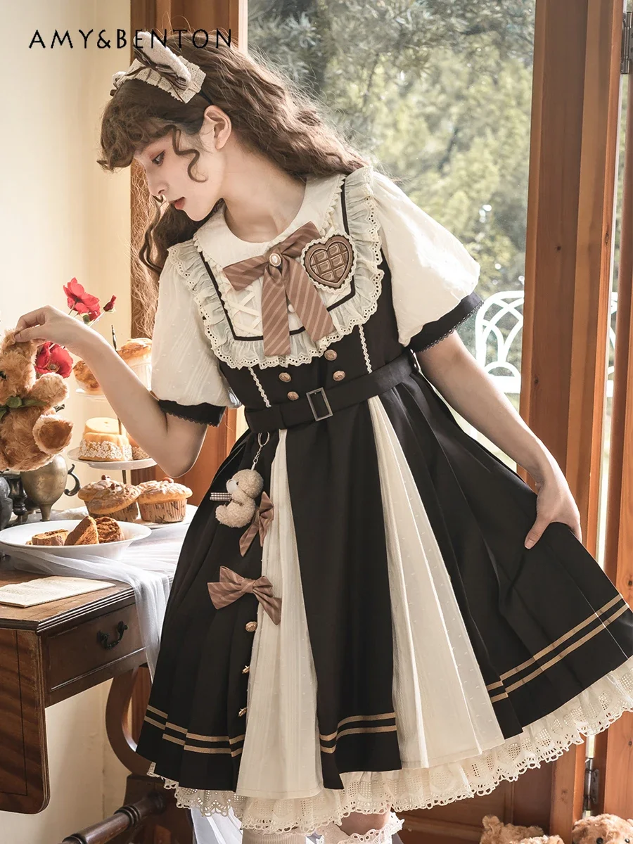 

Elegant Retro OP Lolita Dresses Spring Summer New Sweet Cute Bow Short Sleeve Slim Patchwork Dress Daily Kawaii Mid-Length Dress